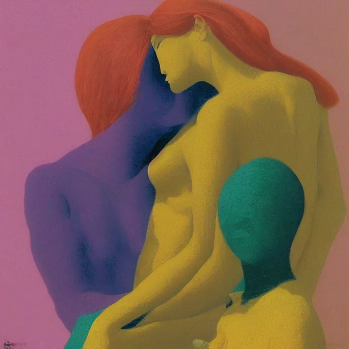 Prompt: portrait of women made of colorful threads hugging Edward Hopper and James Gilleard, Zdzislaw Beksinski, highly detailed