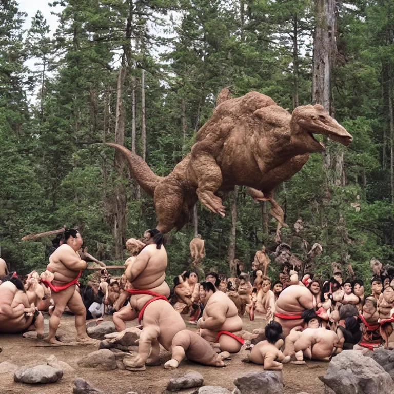 Image similar to photo, neanderthal people, first contact with sumo japanese people, eating hotdogs, surrounded by dinosaurs!, gigantic forest trees, sitting on rocks, bright moon, ice! cream! truck!