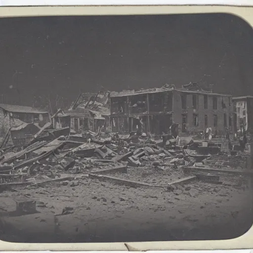 Prompt: tintype photograph of thriving village located in ruins of new york city, destroyed background city, small village, 2 0 9 0 s, crowds of people