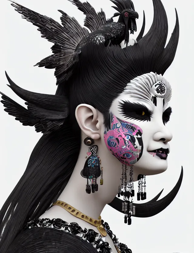 Image similar to 3 d goddess close - up profile portrait punk with mohawk with ram skull. beautiful intricately detailed japanese crow kitsune mask and clasical japanese kimono. betta fish, jellyfish phoenix, bio luminescent, plasma, ice, water, wind, creature, artwork by tooth wu and wlop and beeple and greg rutkowski