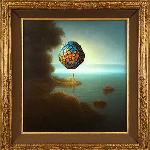 Prompt: a highly detailed oil painting of an icosahedron floating above a reflective lake, Agostino Arrivabene