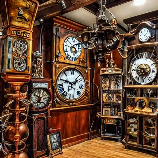 Image similar to interior of a steampunk clock shop, father time, nautical wooden grandfather clocks everywhere, realistic, very intricate hyper detailed masterpiece by dr. seuss