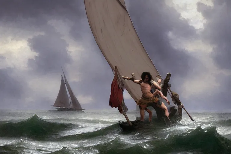 Image similar to ancient historically accurate depiction of Bible Character walking on water during a storm, a small fishing sailboat with scared sailors on board, dramatic lighting by frank miller, illustration by Ruan Jia and Mandy Jurgens and William-Adolphe Bouguereau, Artgerm, 4k, digital art, surreal, space dandy style, highly detailed, godsend, artstation, digital painting, concept art, smooth, sharp focus, illustration by Ruan Jia and Mandy Jurgens and William-Adolphe Bouguereau, Artgerm