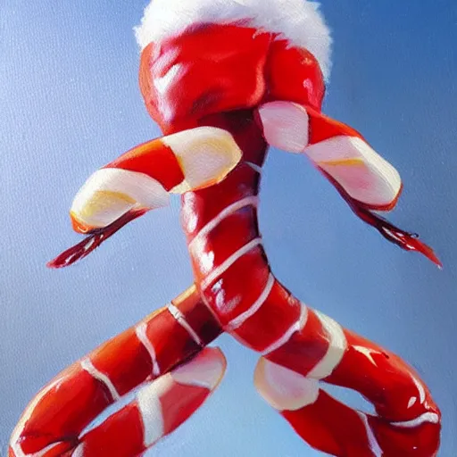 Image similar to hype realistic oil painting of an anthropomorphic shrimp holding a candy cane