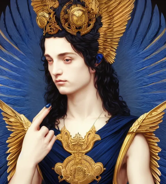 Prompt: god of death, young male, in the underworld, elegant dark blue dress, very detailed, throne, very intricate details, jewelry, gold eyeshadow, elaborate long black hairstyle, wings, cinematic, artstation, william bouguereau, alphonse mucha, greg rutkowski, rossdraws, octane render