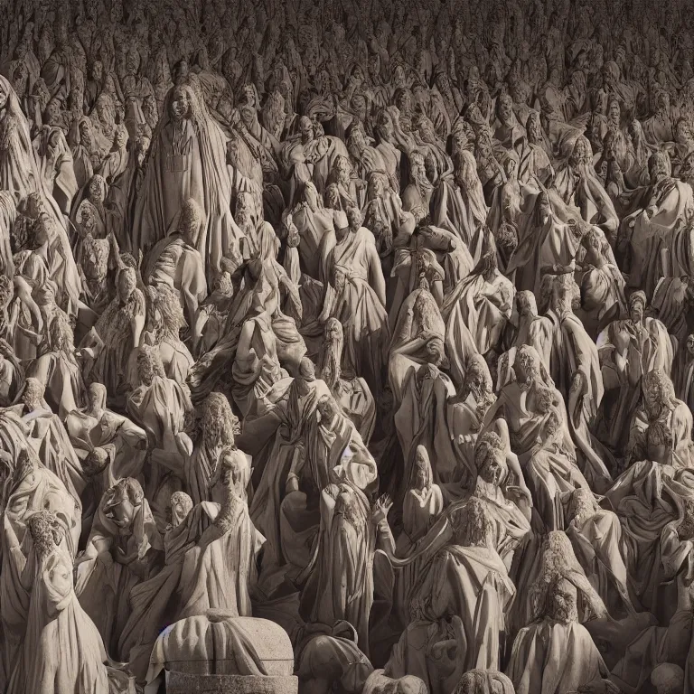 Prompt: octane render portrait by wayne barlow and carlo crivelli and glenn fabry, a huge crowd of people in giant black wavy billowing fabric cult robes inside an ancient greek mystery cult, worshipping a giant stone idol, cinema 4 d, ray traced lighting, very short depth of field, bokeh