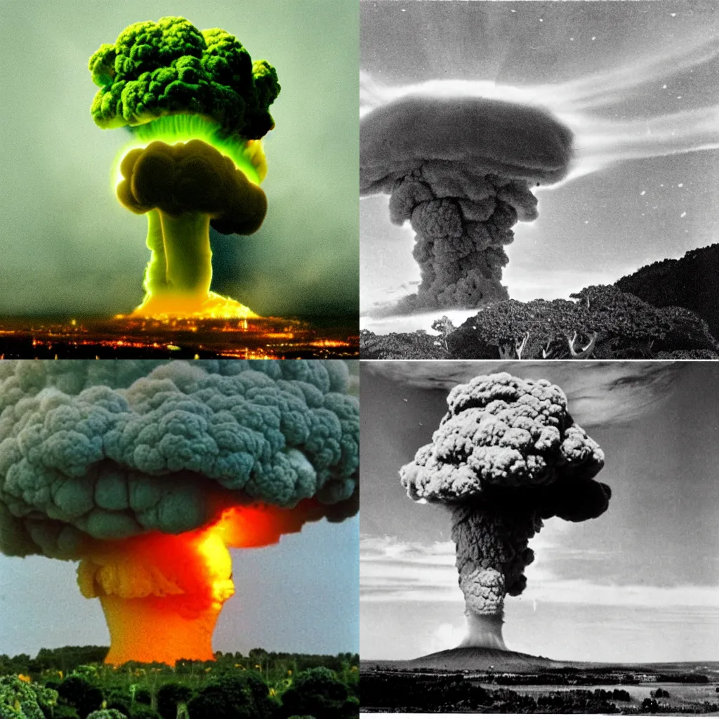 Prompt: nuclear explosion with a broccoli mushroom cloud