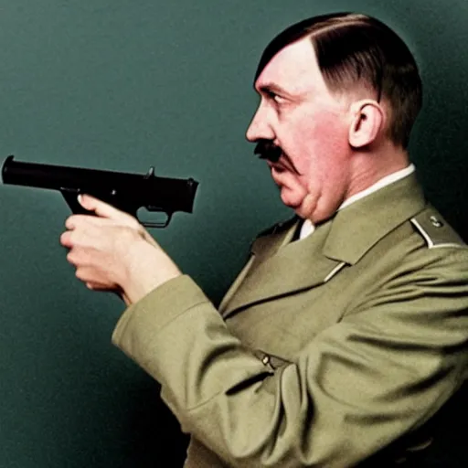 Image similar to photo of adolf hitler pointing a gun to his head while crying in the style of martin schoeller