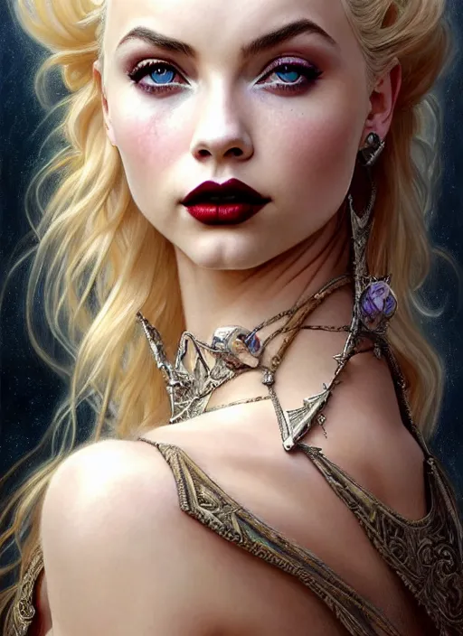 Image similar to ultra realistic illustration, a stunningly beautiful greek gothic goddess of chaos played by jordyn jones and dove cameron and margot robbie and taylor swift and megan fox, intricate, elegant, highly detailed, digital painting, artstation, concept art, smooth, sharp focus, illustration, art by artgerm and greg rutkowski and alphonse mucha