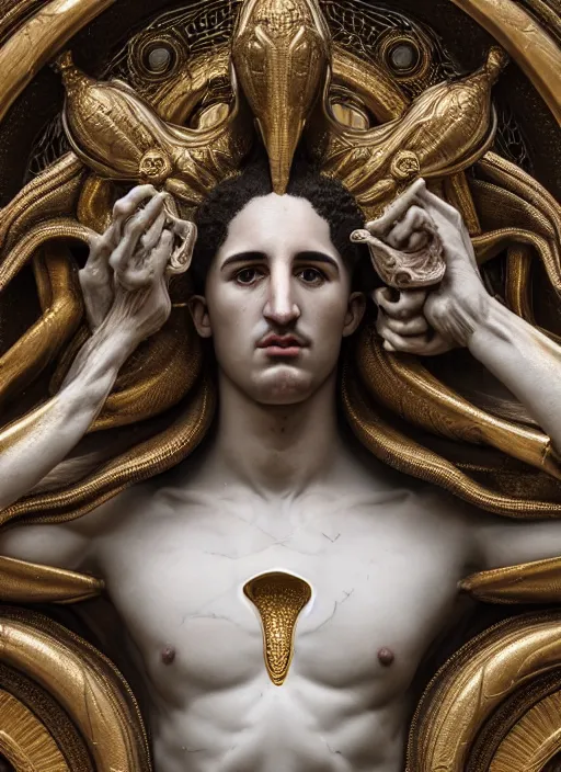 Image similar to a statue made of white marble with gold veins, of klay thompson, full body shot, perfect symmetrical body, perfect symmetrical face, hyper realistic, hyper detailed, by johannen voss, by peter kemp, by monia merlo, by michelangelo, by ernst haeckel, octane render, blender, 8 k