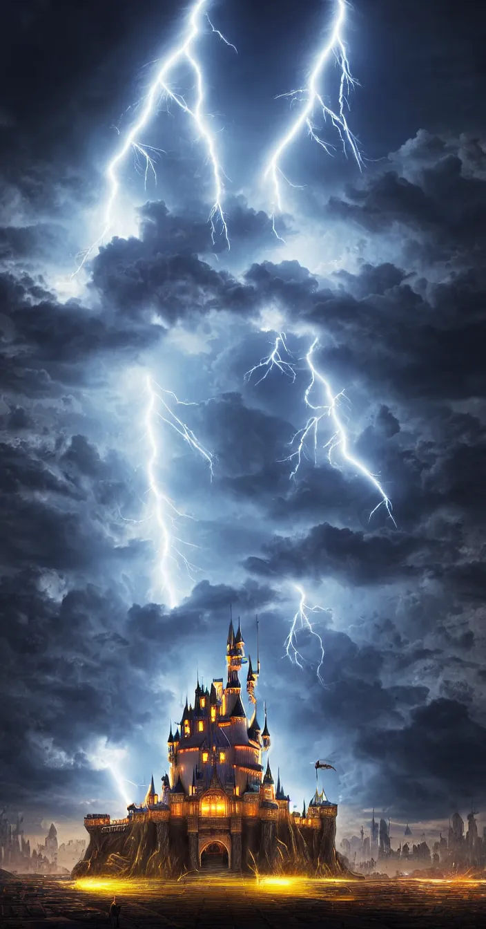 Prompt: realistic photo of lightening strike on futuristic big castle, dark night background, 7 0 % frame covered by castle, sharp focus, wide angle shot, in the style of greg rutswoski, very hyper realistic, highly detailed, fantasy art station