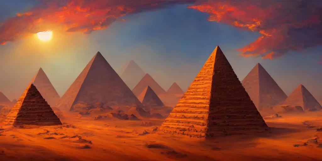 Image similar to an oil painting of a small city in the desert with a pyramid in the center and walls that surround the city and a dark red sun, fantasy,hyper realistic, atmospheric lighting, cinematic, 8k,