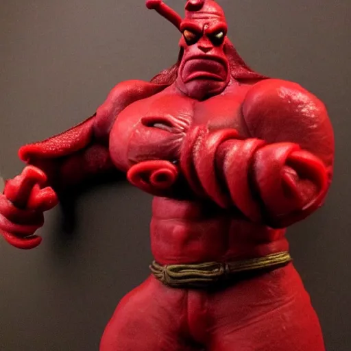 Prompt: realistic full size hellboy made out of whole twizzlers, render