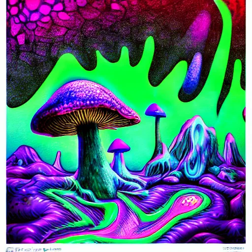 Prompt: a hyperdetailed realistic rendering of psychodelic 70's black light poster style 3D magical shroom landscape glowing in the dark, distant spilled goo