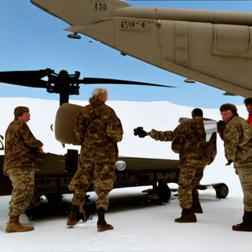 Image similar to closeup 3 5 mm film uhd 8 k photograph of middle aged caucasian men in camo unloading cargo from a black military 1 9 8 2 helicopter at a top secret military base in antarctica