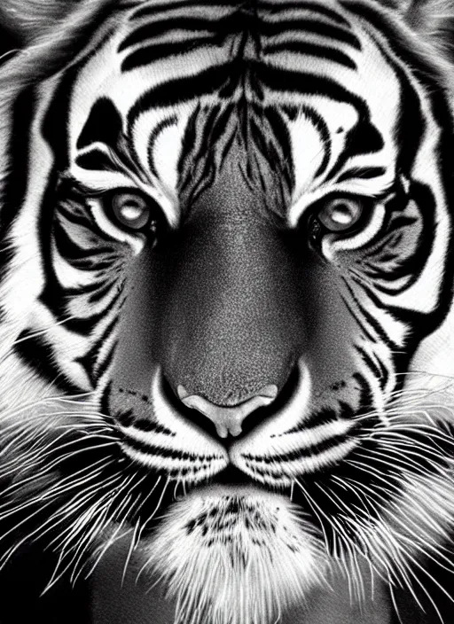 Image similar to a black and white photo of a tiger, a photorealistic painting by christian w. staudinger, behance, hyperrealism, hyper realism, majestic, wallpaper