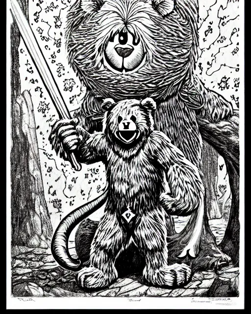 Image similar to a care bear as a d & d monster, on square background, pen - and - ink illustration, etching, by russ nicholson, david a trampier, larry elmore, 1 9 8 1, hq scan, intricate details, high contrast