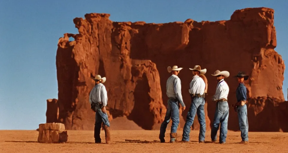 Image similar to film still showing cowboys looking at a gigantic abstract sculpture in the desert directed by Sergio Leone, western, monument valley, cinemascope, technicolor