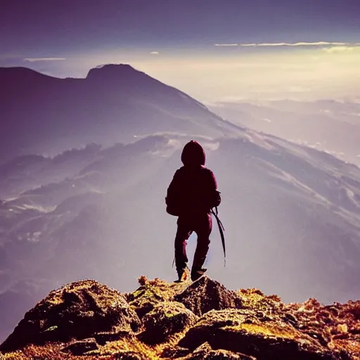 Image similar to person with hoodie walking up a mountain with a backpack that has katanas on the sides by carrie south, anime, amazing composition, astonishing detail, smooth lines, beautiful scenery