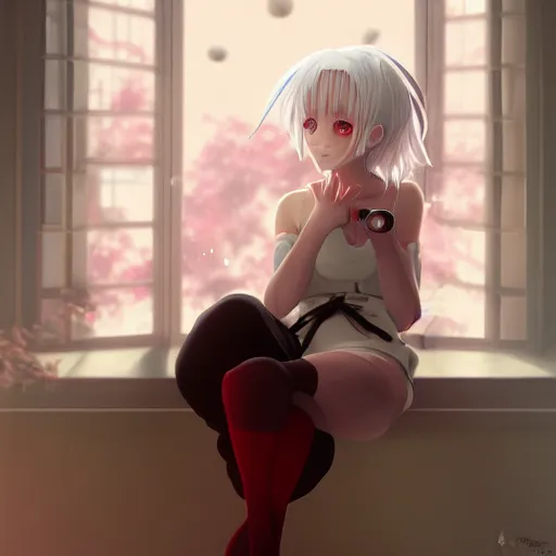 Prompt: anime beautiful girl sits on the sofa and listens to music, the sun shines through the window, white hair, red eyes, clear face, beautiful body, dream light, focus on the face, highly detailed, 8 k, artstation, concept art, in style of kyoto animation, by cushart krenz