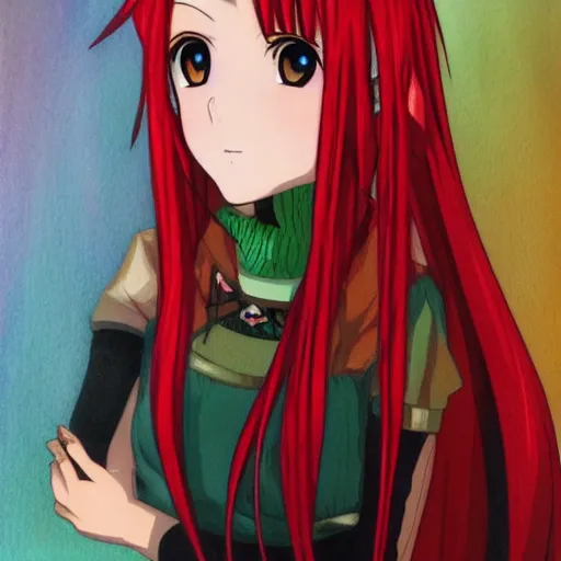 Image similar to portrait of an anime girl with red hair and green eyes