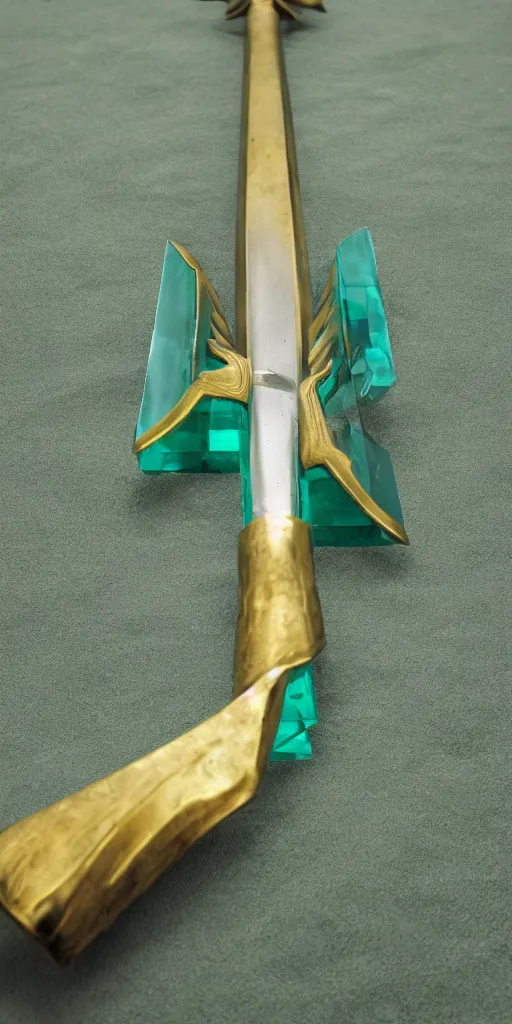 Image similar to photograph of a wide green and teal crystal sword blade attached to a big gold sword hilt