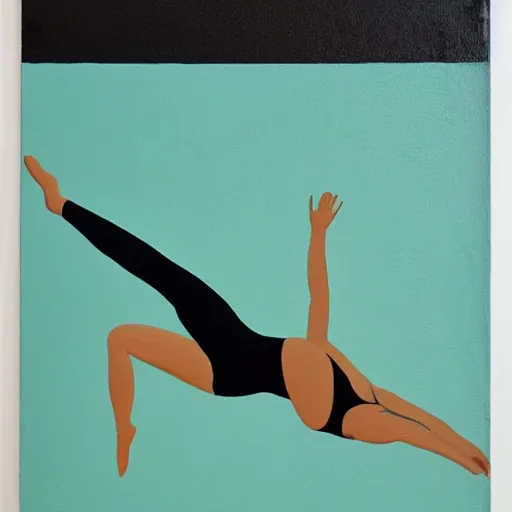 Image similar to acrylic painting on wood of a woman wearing a swimming cap diving from a high diving board into a pool. the pool is out of frame. teal, white, black and grayscale. simple. flat. vintage, mid - century modern. mid - drive, in the air, fully body, anatomically correct