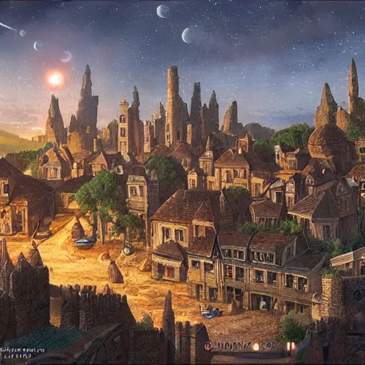 Image similar to a medieval village next to a space port. used future aesthetic. digital matte painting by james gurney and david mattingly.