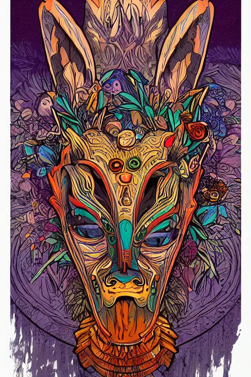 Image similar to animal mask totem roots flower tribal feather gemstone plant wood rock shaman vodoo video game vector cutout illustration vivid multicolor borderlands comics by josan gonzales and dan mumford radiating a glowing aura