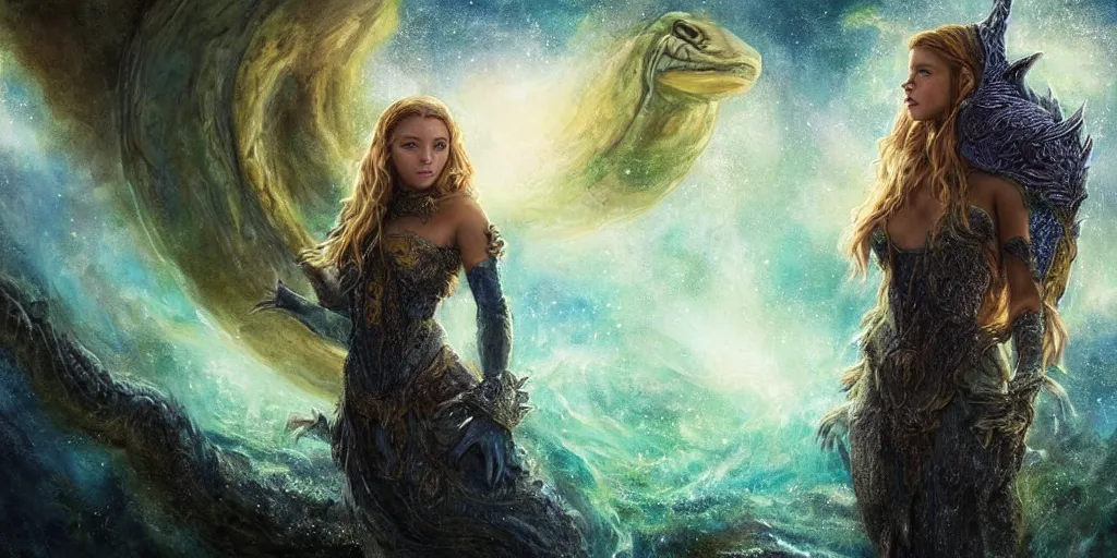 Prompt: A fantasy fairytale story style portrait painting, Great Leviathan Turtle, Mythic Island at the center of the Universe, accompanying Cory Chase, Blake Lively, Anya_Taylor-Joy, Grace Moretz, hybrid, Halle Berry, Mystical Valkyrie, Anubis-Reptilian, Atlantean Warrior, intense smoldering, soul penetrating invasive eyes. fantasy atmospheric lighting, digital painting, hyperrealistic, François Boucher, Oil Painting, Cozy, hot springs hidden Cave, candlelight, towels, cushions, natural light, lush plants and flowers, Crisp clear Volumetric Golden dappled dynamic lighting, Regal, Refined, elegant, smooth cave rock, Spectacular Rocky Mountains, bright clouds, luminous stellar sky, outer worlds, cognitive Coherence cohesion character illustration, photorealistic, Vivarium, Theophanic atmosphere, michael whelan, William-Adolphe Bouguereau, Michael Cheval, Crisp clear hd resolution, Digital Art, RPG portrait, Steampunk, hyperdetailed, artstation, cgsociety, Highly Detailed, Cinematic Lighting, HD resolution, unreal 5, DAZ, hyperreality, octane render, Unreal Engine, 8k, HD