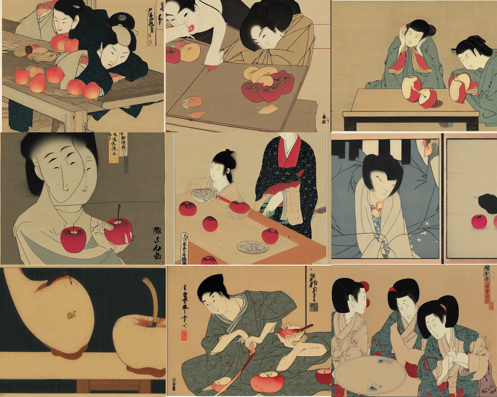 Prompt: Drained apples on a cracked wooden table, Japanese engraving by Senju Shunga and Hsiao-Ron Cheng and James Jean, pale colors, monotone, calm, balanced