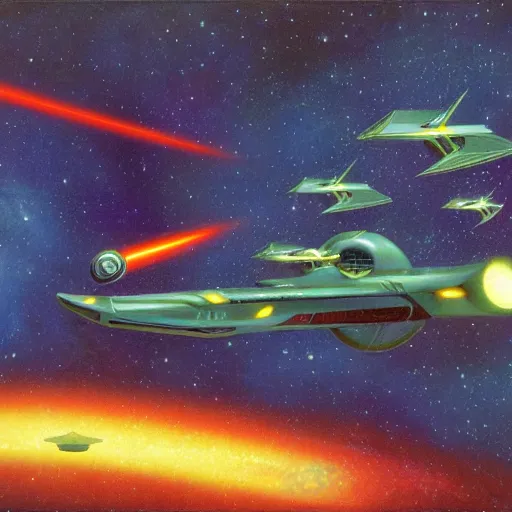 Image similar to starship laser battle, nebula, retro, 1960's sci fi, concept art, style of gerald brom and jean giraud,