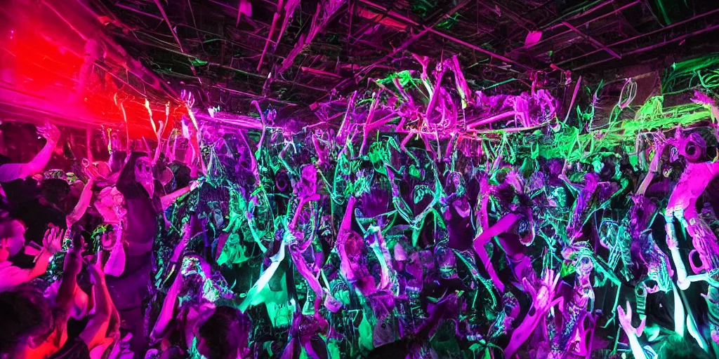 Prompt: cinematic movie photo, 70mm film, a skeletons rave party, colors, led lights, lazer light show and cymatic films projecting onto the dancing bones, epic, vast, party, energy, chaotic rave, skeletons, new york city interior warehouse