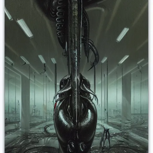Prompt: black glossy xenomorph, alien movie, endless abandoned office cubicles, pale yellow wallpaper, moist brown carpet, dim fluorescent lighting, artstation, ultra detailed, creepy, dramatic lighting, photorealistic, art by h. r. giger and chris foss and beksinski