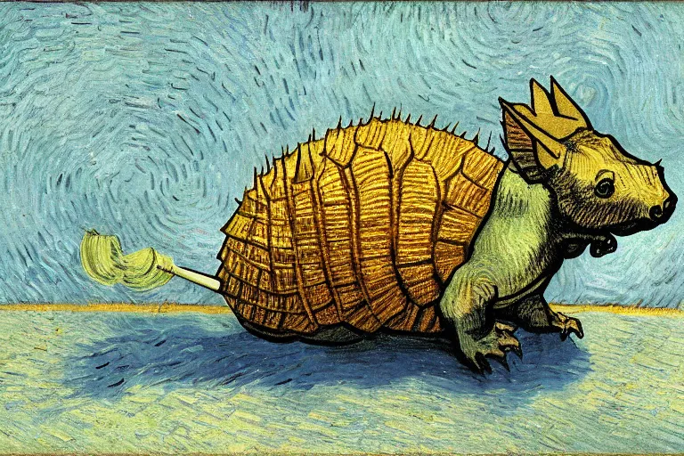 Image similar to an armadillo smoking a joint by vincent van gogh, digital art,