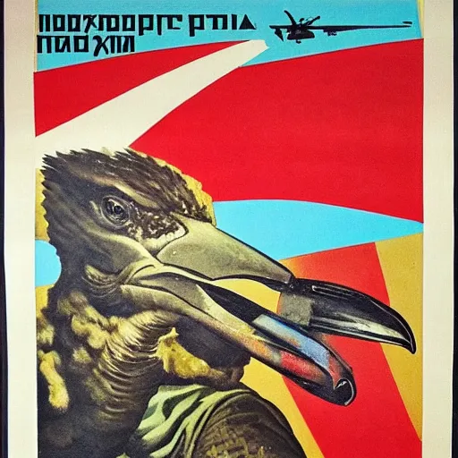 Image similar to soviet propaganda poster depicting a dromaius novaehollandiae in military uniform