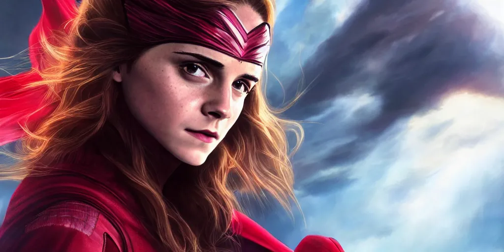 Image similar to photorealistic art of Emma Watson as Scarlet Witch, dynamic lighting, space atmosphere, hyperrealism, stunning visuals