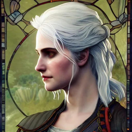 Prompt: beautiful and detailed portrait of ciri from the witcher 3, profile view, side view, white blouse, ashen hair, stained glass art, by alphone mucha, very masterful