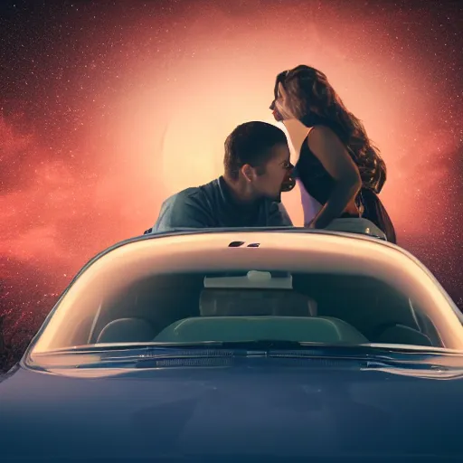 Prompt: couple on a car riding towards the moon, space, cinematic lighting, smooth, vintage, 8 0 s style