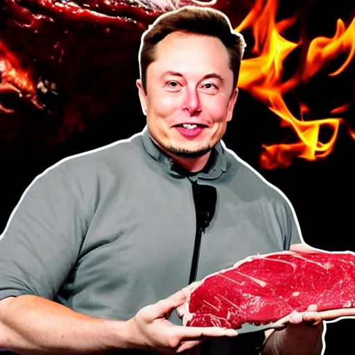 Image similar to elon musk holding a piece of meat over a fire