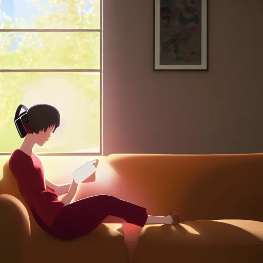 Prompt: girl sits on the sofa and listens to music, the sun shines through the window, highly detailed, 8 k, by kyoto animation