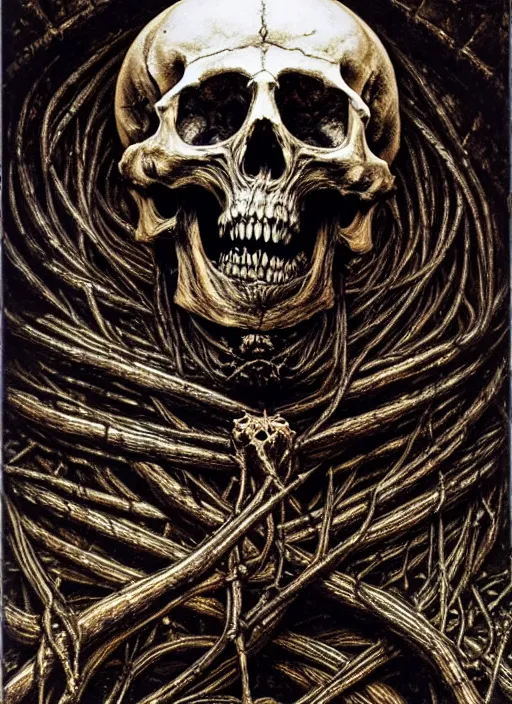 Image similar to Sedlec Ossuary hall, highly detailed, 55 mm lens, art by Ayami Kojima, Beksinski, Giger