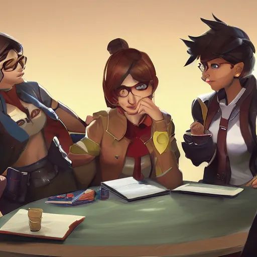 Image similar to Three students talking at a table artwork by Overwatch Art Team