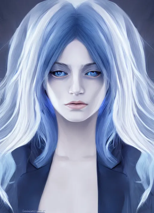 Image similar to portrait of a mysterious girl white silver hair and blue eyes wearing formal clothes, symmetrical face, perfect face details, digital painting, trending on artstation, deviantart, artgem, perfect composition, ross draws, wlop