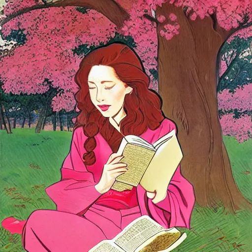 Prompt: beautiful ittle girl with long curly red hair dressed in a pink kimono and sitting next to a tree while reading a book, artwork made in western comic art style inspired in balthus, anatomically correct, higher details