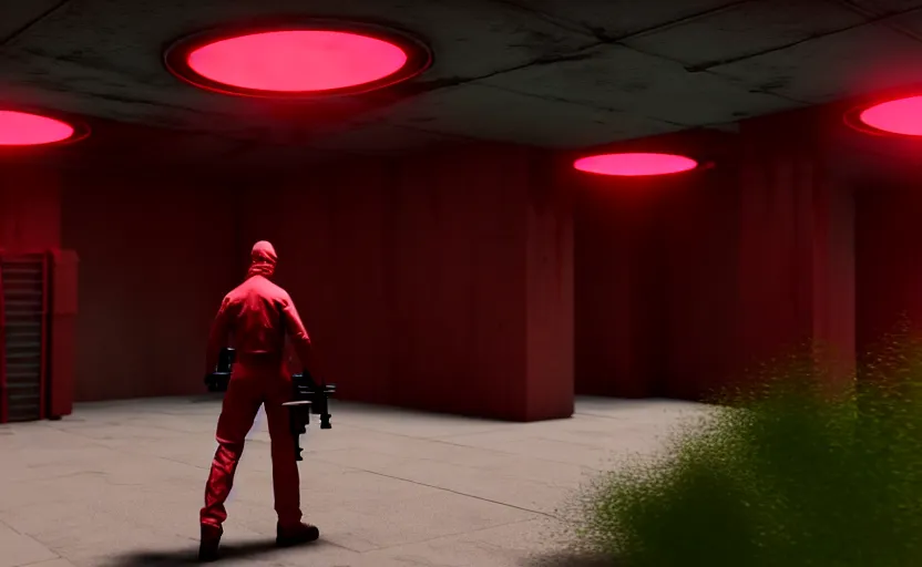 Prompt: in-game screenshot of a dark red hazmat scientist holding a gun walking on unreal engine 5, in a liminal underground garden, photorealistic, octane render, retrofuturism, brutalism, staggered terraces, minimalist