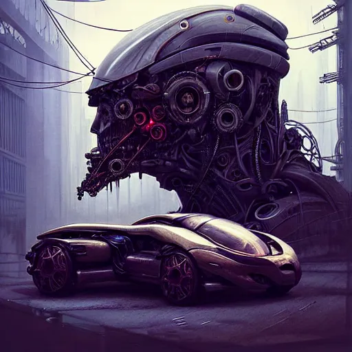 Image similar to shiny cyberpunk vehicle reminiscent of fast car with robotic enhancements parked in ancient mystic woods, gothic and baroque, brutalist architecture, ultradetailed, creepy ambiance, fog, artgerm, giger, Intricate by Ellen Jewett and Josan Gonzalez and Giuseppe Arcimboldo