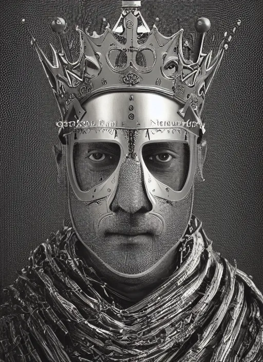 Image similar to portrait of king arthur knight with a crown with engravings, studio portrait against a black background, modern fine art, fractal, intricate, elegant, highly detailed, digital photography, subsurface scattering, in the style of ghost, by jheronimus bosch and yue minjun and giger and greg rutkowski,