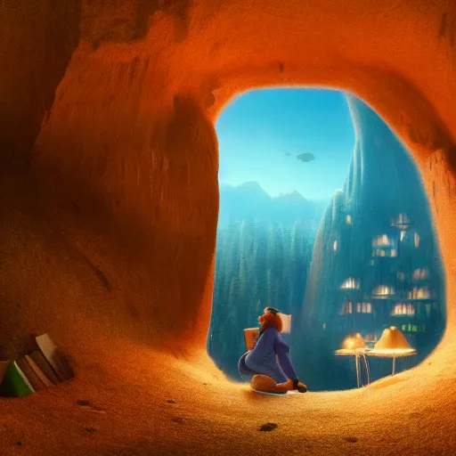 Image similar to books cave, atmospheric, dof, wide angle, very coherent composition, masterpiece, incredible details, highly detailed, photorealistic, disney pixar, warm colours, atmospheric, cozy place, smooth, hole as a window, octane render, iridescent, 8 k