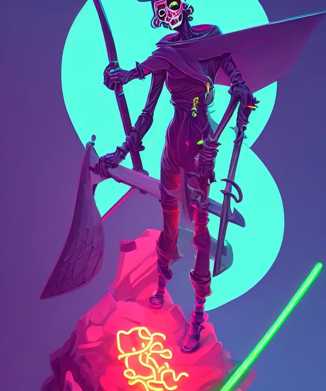 Image similar to a portrait of a neon grim reaper holding a scythe, fantasy, elegant, digital painting, artstation, concept art, matte, sharp focus, illustration, art by josan gonzalez